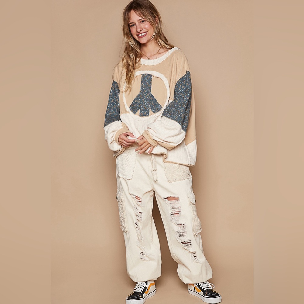 #179 New! Pol Oversized Patch Work Peace Application Pullover - Picture 5 of 5